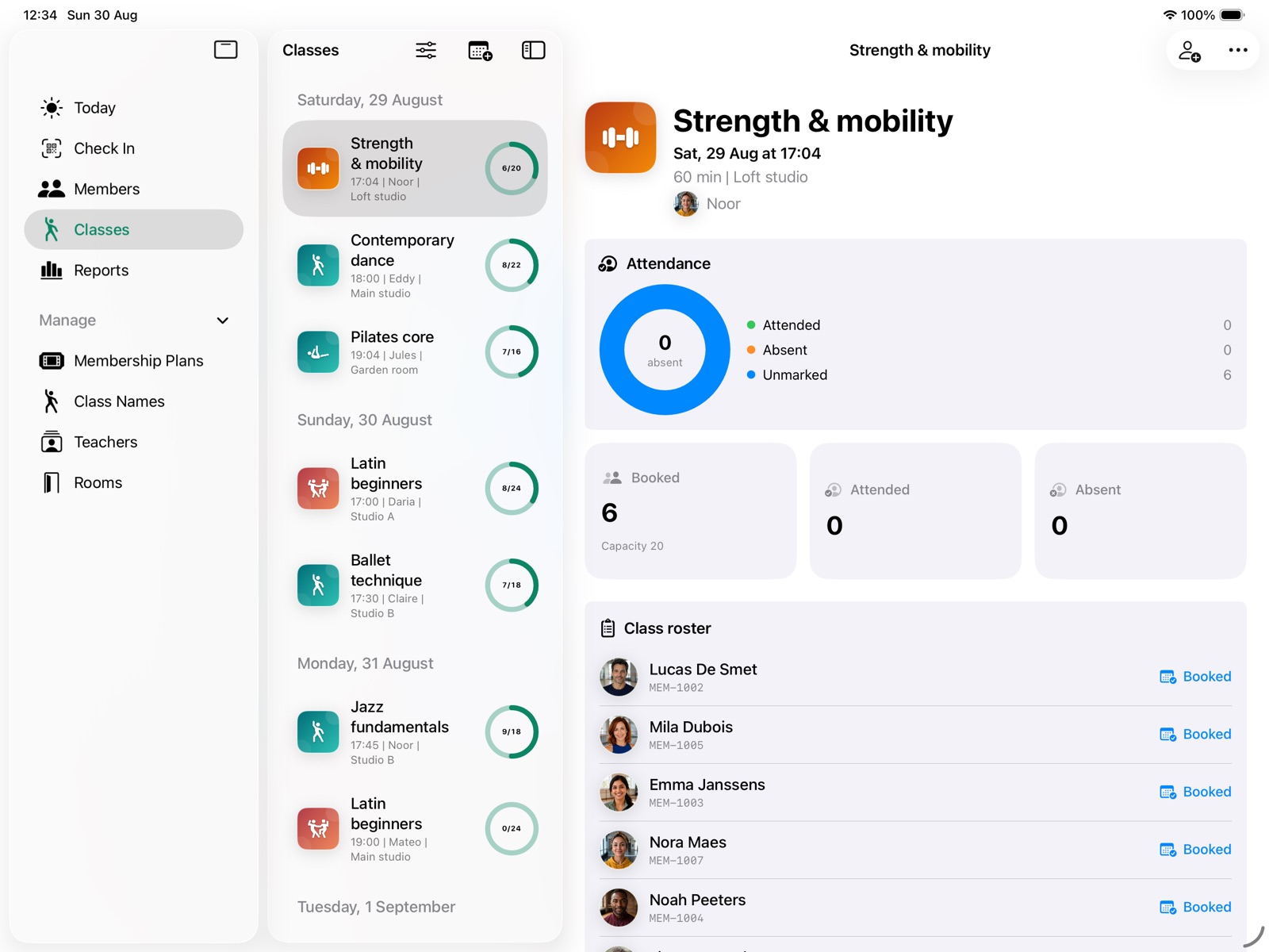 Members! class schedule and roster on iPad