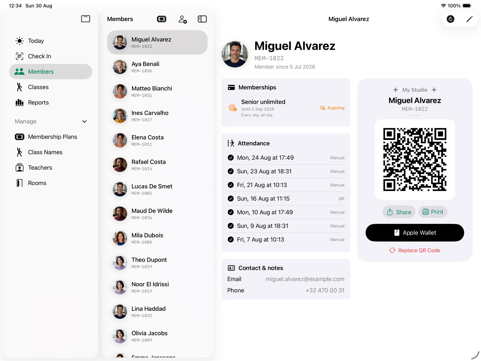 Members! member profile with membership, attendance, and QR card