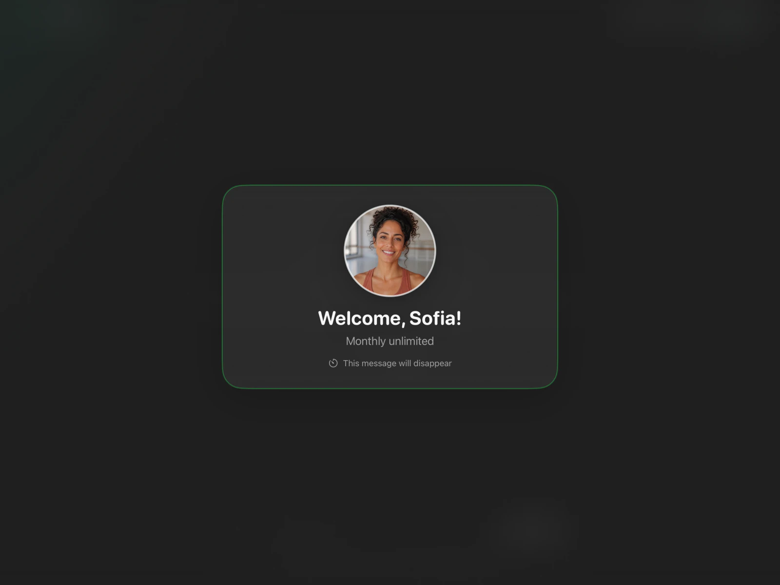 The real Members self check-in screen welcoming a photographed member in dark mode