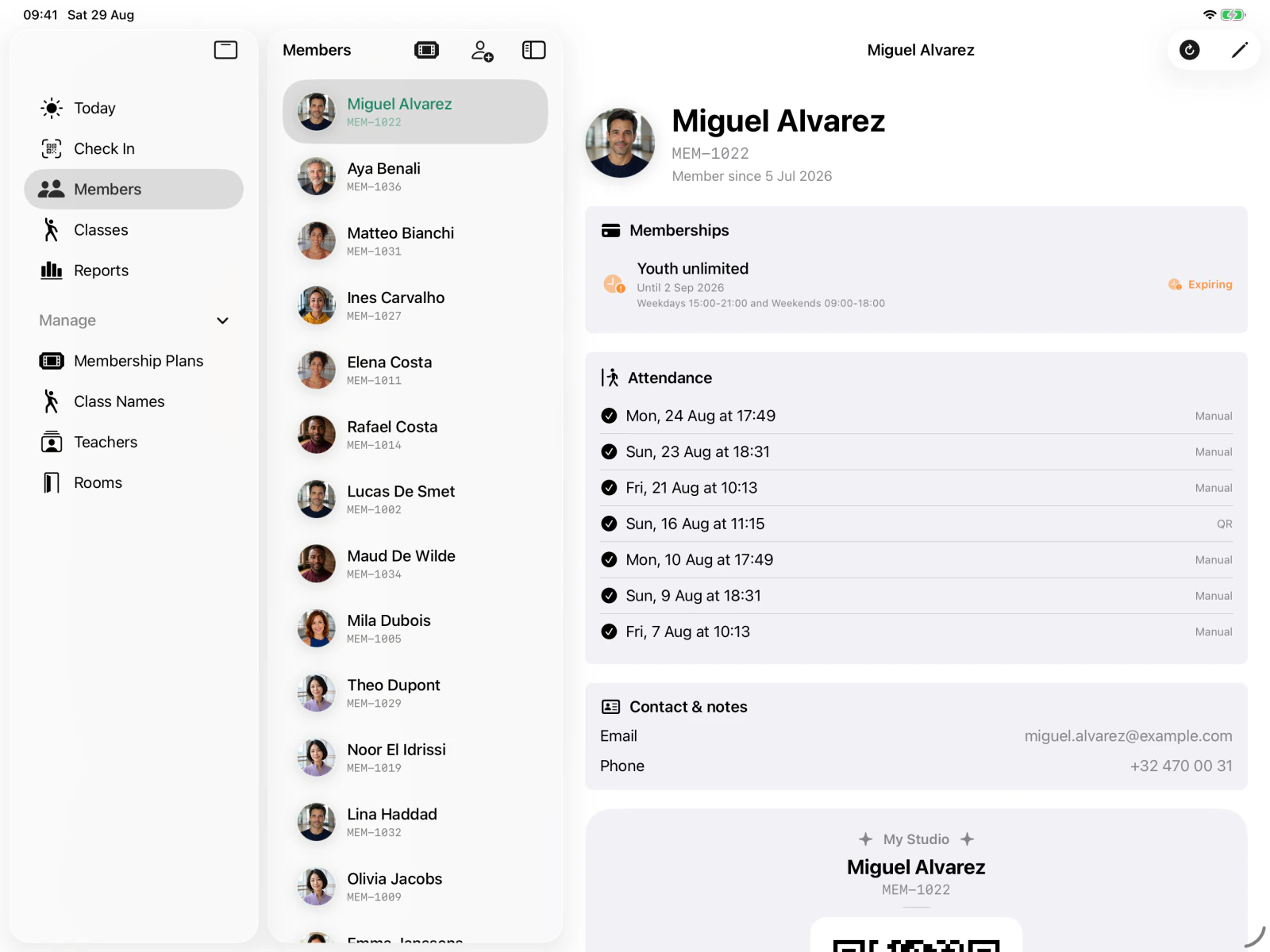 Members in light mode showing a photographed member directory, profile, membership history and QR card on iPad